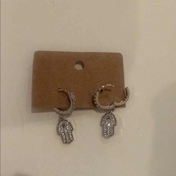 Stainless Steel CZ Hamsa Hoop Earrings Silver-Tone Dangle Protection Charms NWT - Picture 7 of 8